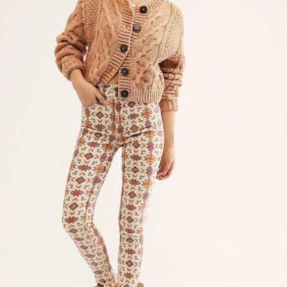 Free People We the Wild Child Printed Skinny Jeans Ivory Size 27 EUC - Picture 4 of 14